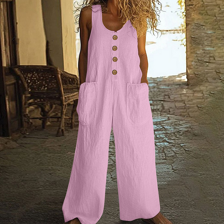 Combinaison femme ample en coton et lin avec boutons décoratifs
