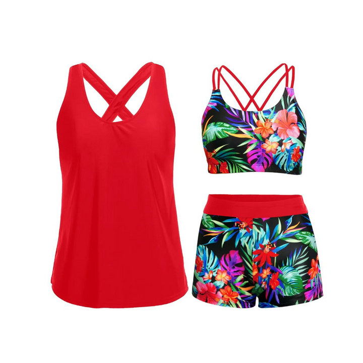 Tankini femme trois pièces avec débardeur fluide et shorty imprimé