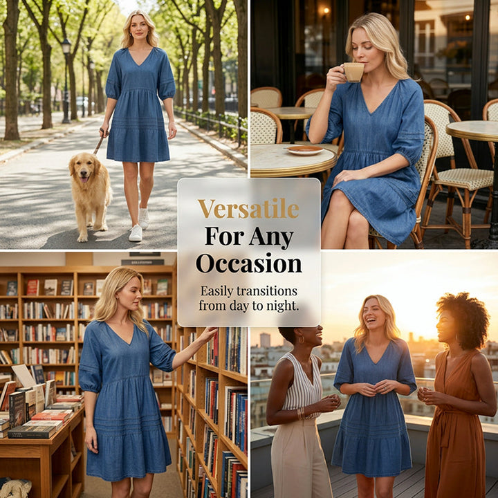 Robe femme en denim léger à col V et coupe fluide