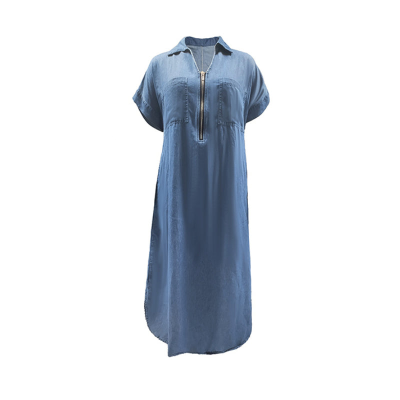 Robe chemise en denim pour femmes avec fermeture éclair et poches