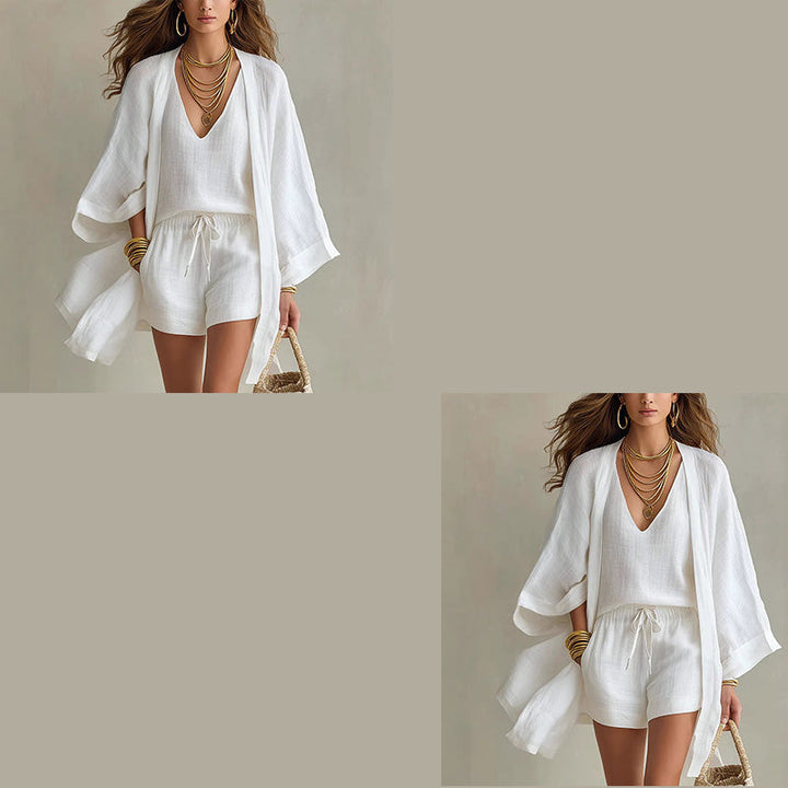 Ensemble 3 pièces femme en polyester avec kimono et short