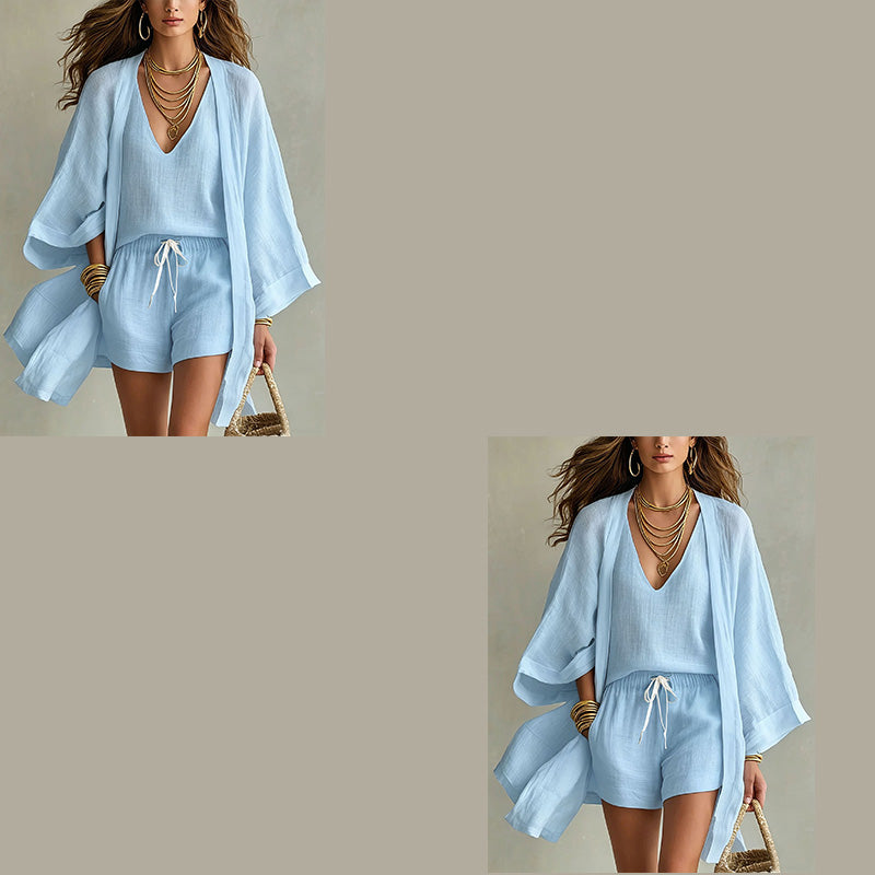 Ensemble 3 pièces femme en polyester avec kimono et short