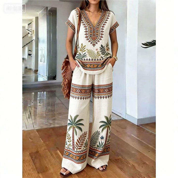 Ensemble femme bohème avec haut imprimé floral et pantalon large