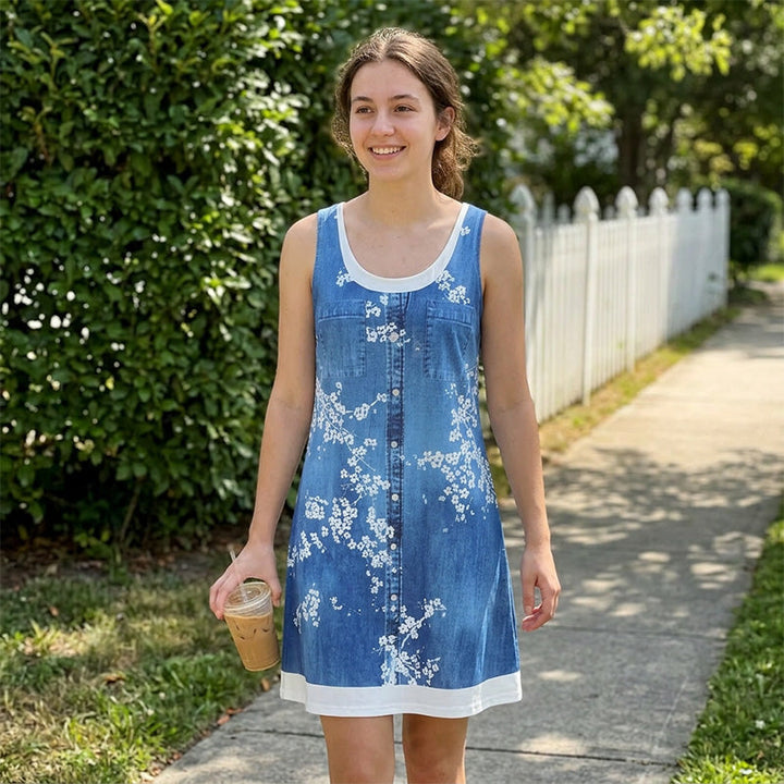 Robe courte femme effet denim sans manches à boutons