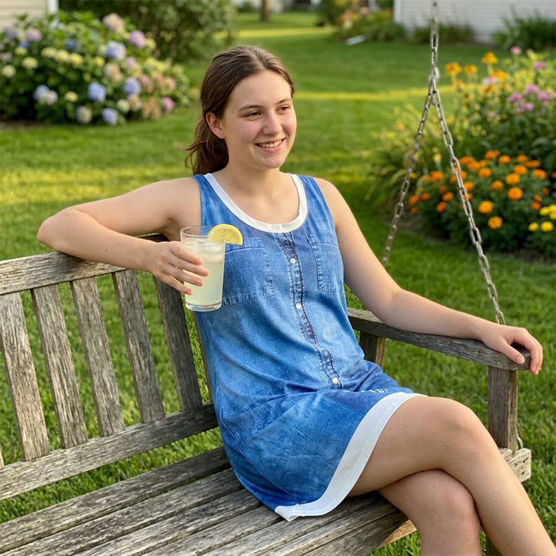Robe courte femme effet denim sans manches à boutons