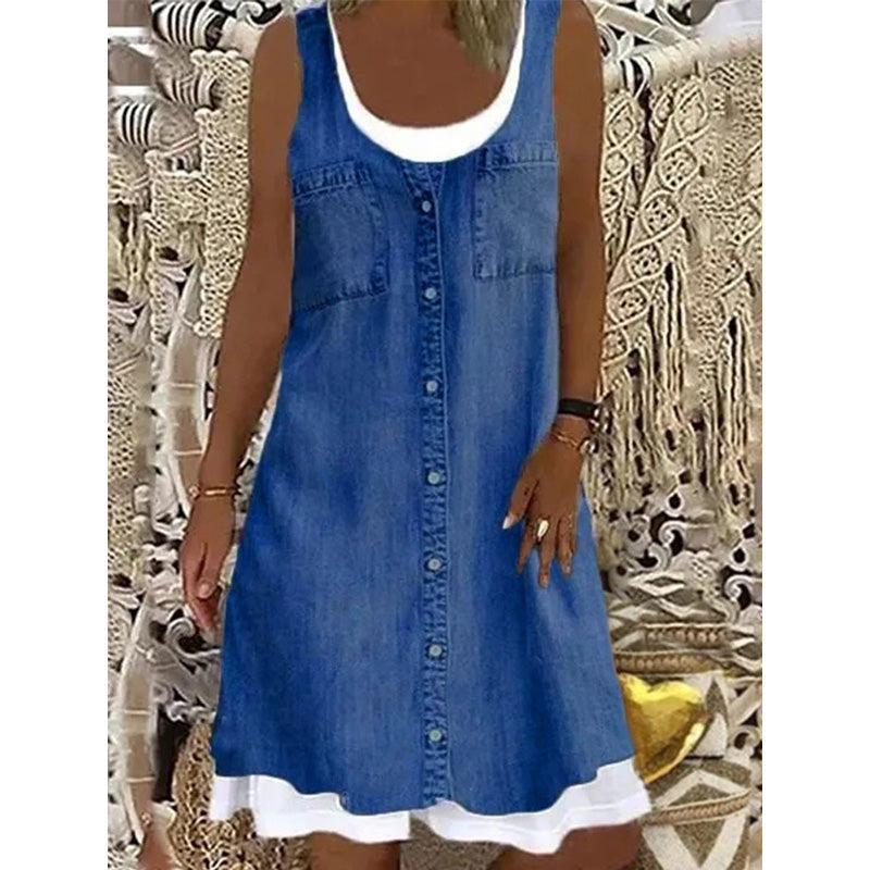 Robe courte femme effet denim sans manches à boutons