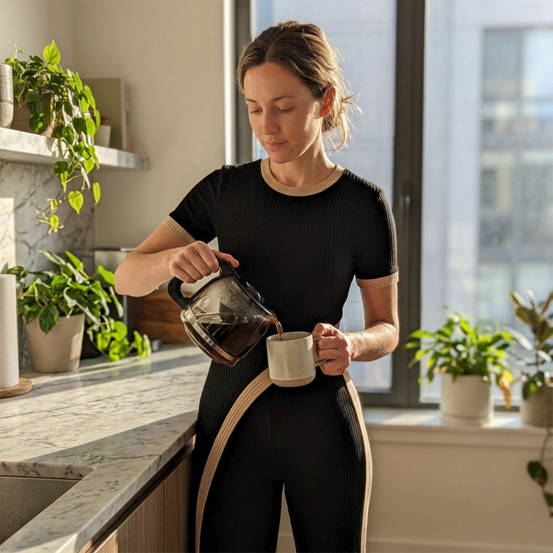 Ensemble femme asymétrique avec pantalon évasé contrasté