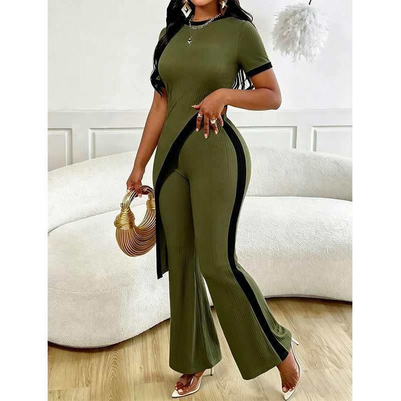 Ensemble femme asymétrique avec pantalon évasé contrasté