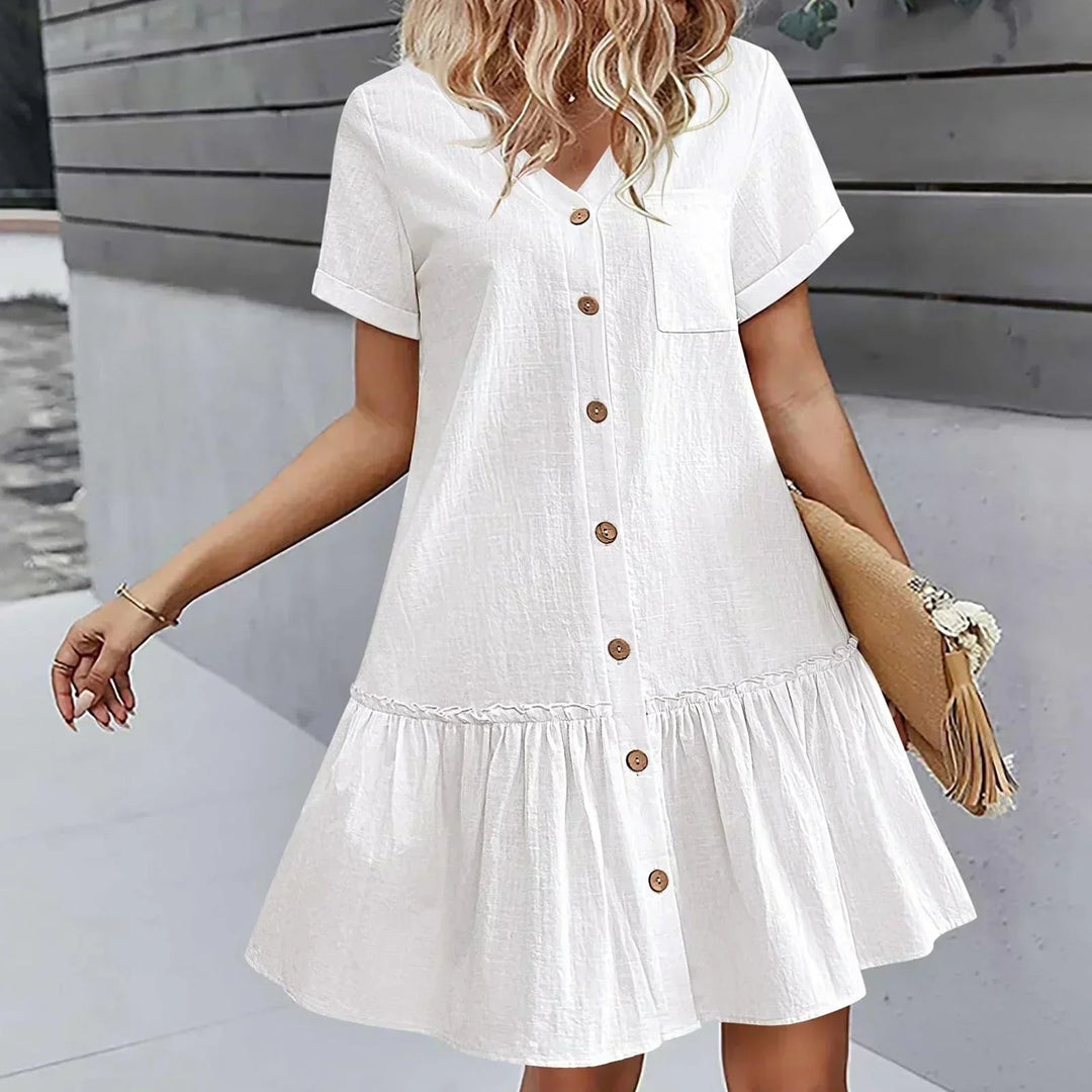 Robe courte femme coton lin à boutons et ourlet volanté