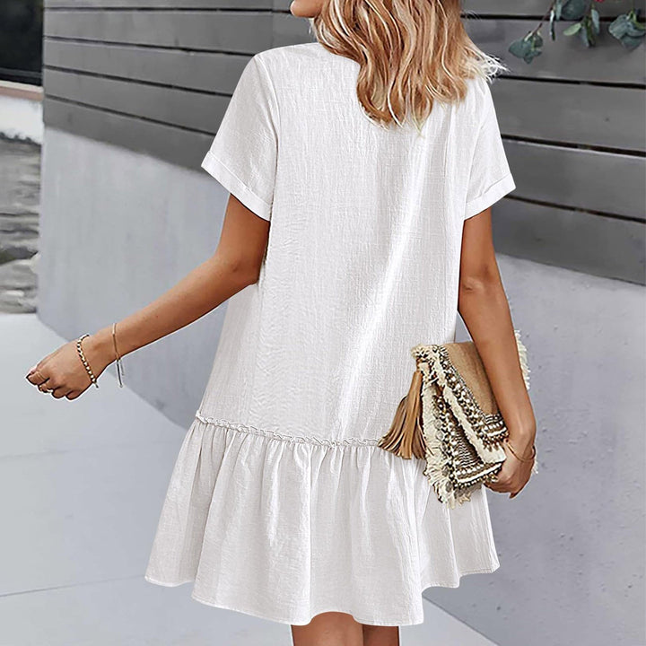 Robe courte femme coton lin à boutons et ourlet volanté