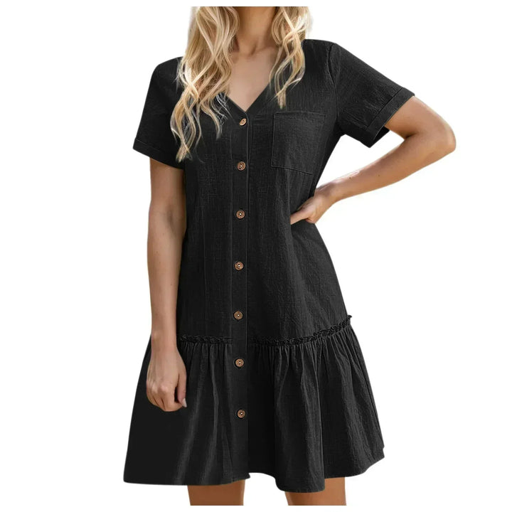Robe courte femme coton lin à boutons et ourlet volanté