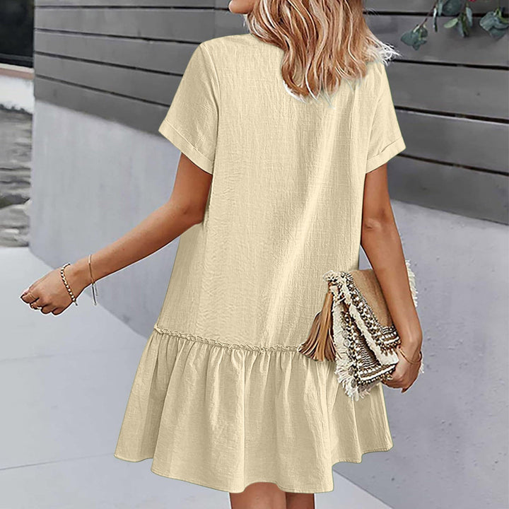Robe courte femme coton lin à boutons et ourlet volanté