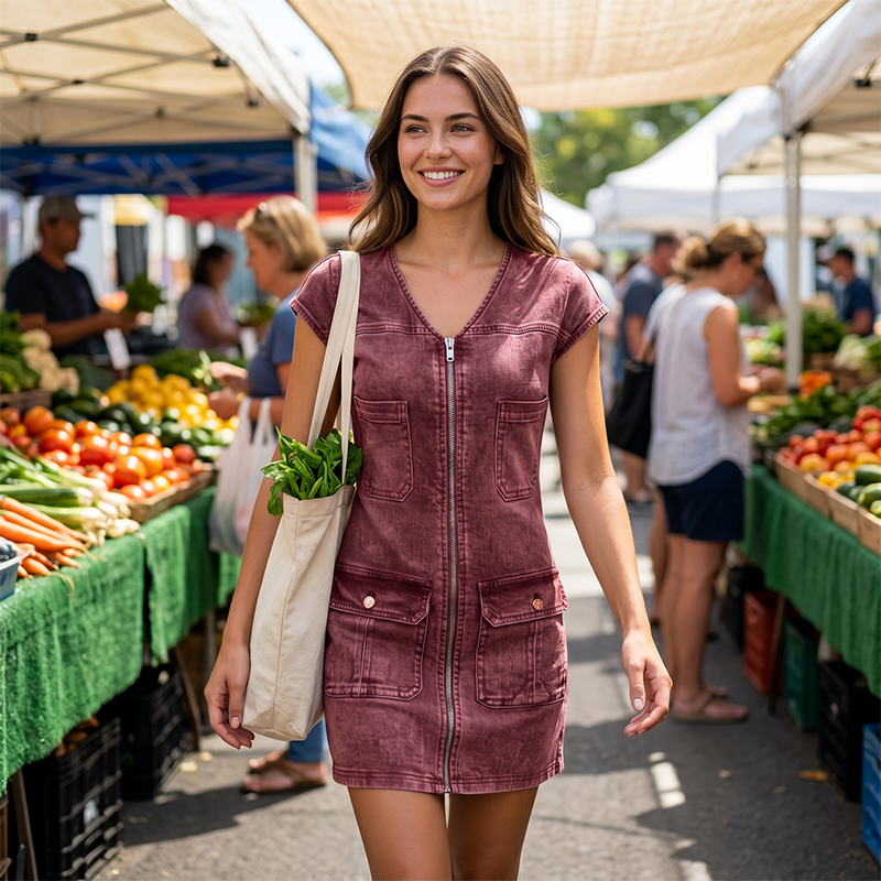 Robe courte femme effet denim zippée avec poches