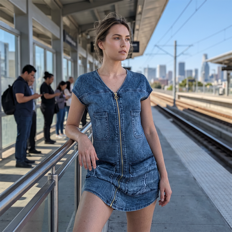 Robe courte femme effet denim zippée avec poches