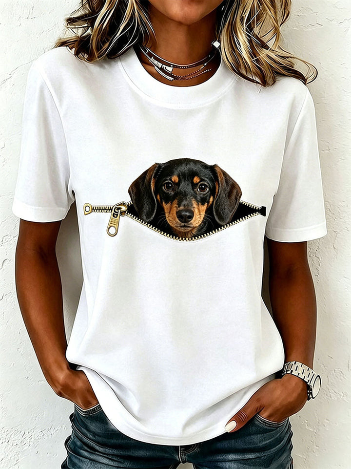 T-shirt femme en coton avec motif teckel zippé