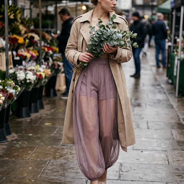 Pantalon femme transparent en mesh avec short intégré