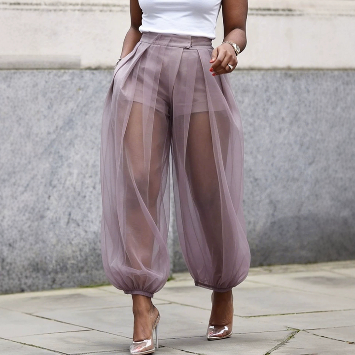 Pantalon femme transparent en mesh avec short intégré