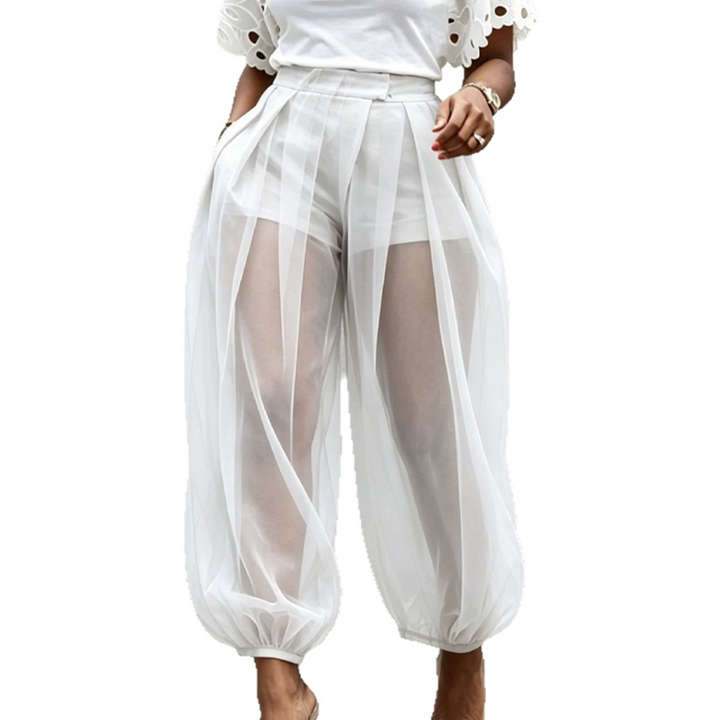Pantalon femme transparent en mesh avec short intégré