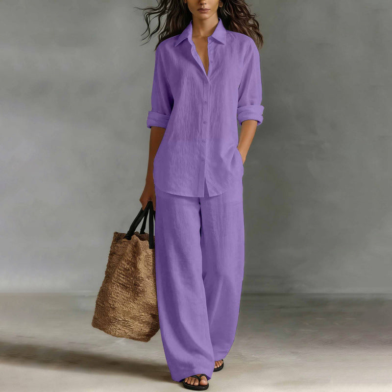 Ensemble femme chemise boutonnée et pantalon large fluide