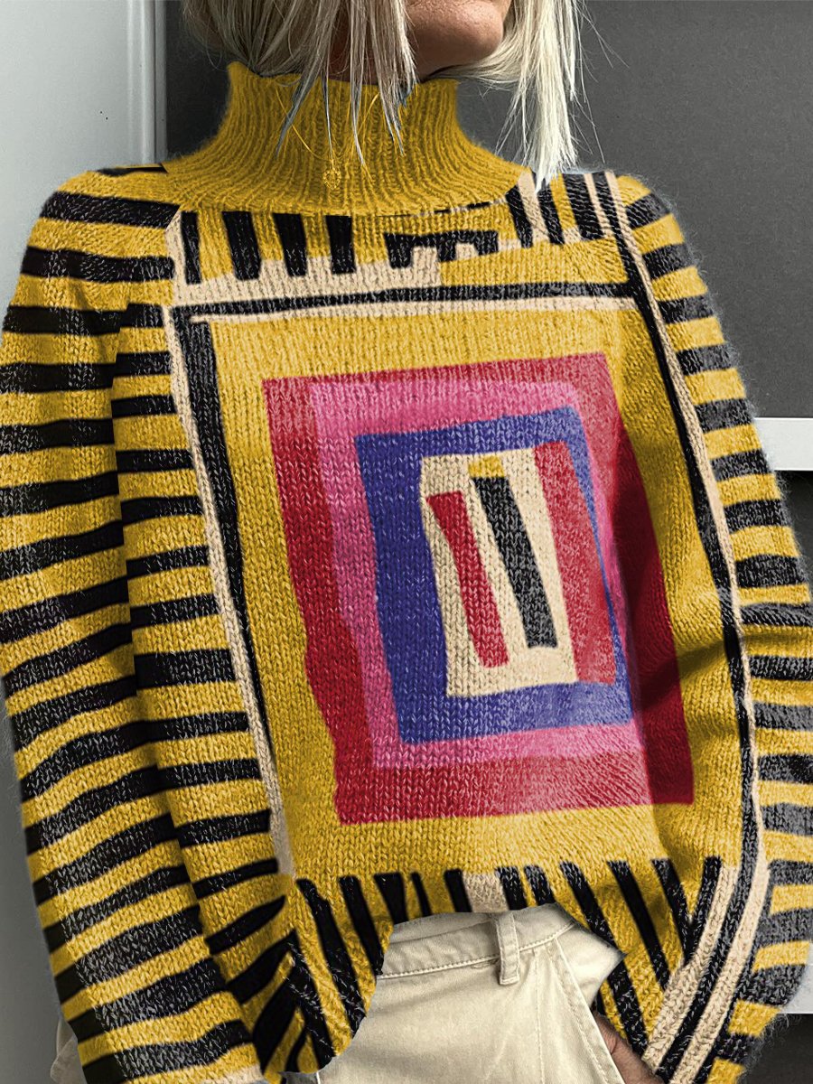 Pull col roulé en tricot épais pour femme chaud et coloré