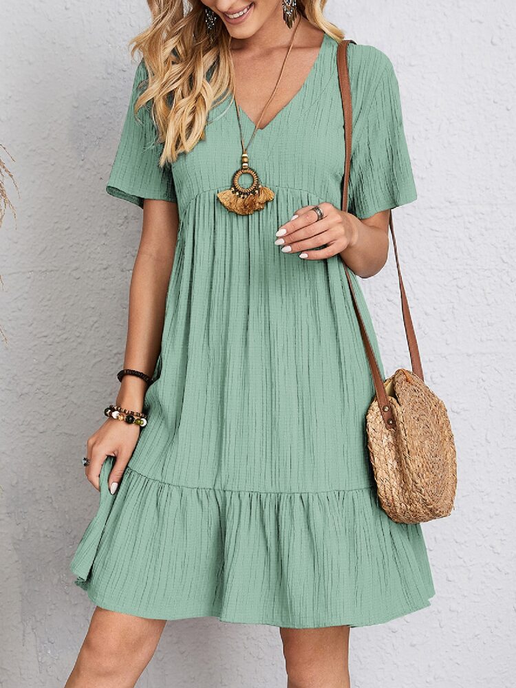 Robe femme courte fluide col V manches courtes effet ample été décontractée